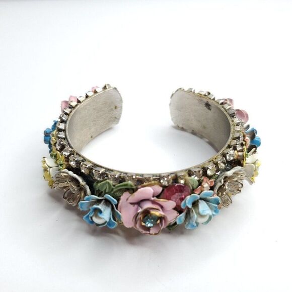 3D Floral Bangle Cuff Bracelet Rhinestones Cottagecore Flower Blue Pink Yellow - Picture 2 of 13